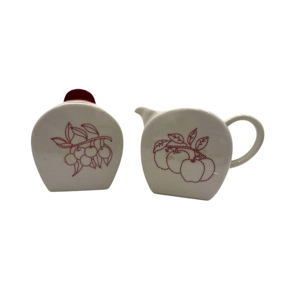 Lifestyle Home Alford Ceramic Creamer & Sugar Set Red Fruit Stitch Design - Picture 1 of 6